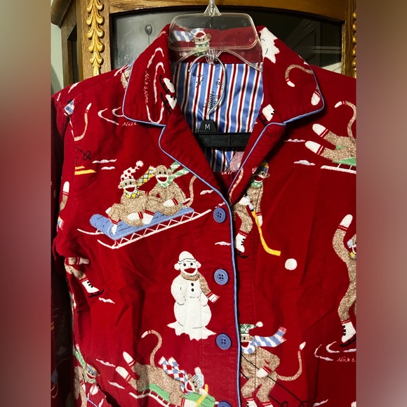 Nick & Nora Vintage Flannel Sock Monkey Winter Pajama Set Small - Picture 3 of 8
